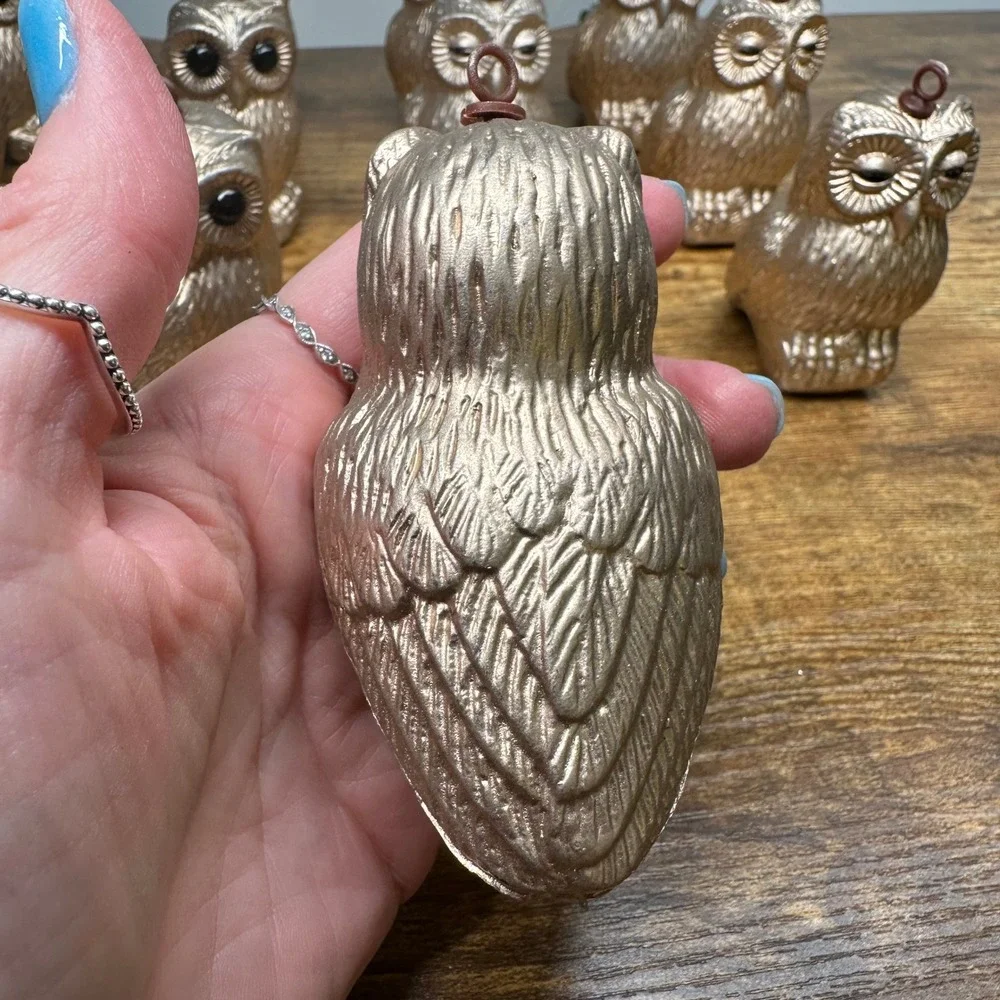 Vintage Gold Owl Light Covers Ornaments Set of 11 Retro Mid Century Decor